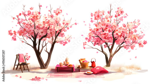 depiction of Japan’s Cherry Blossom Festival with blooming sakura trees and picnic setups, on a seamless white background photo