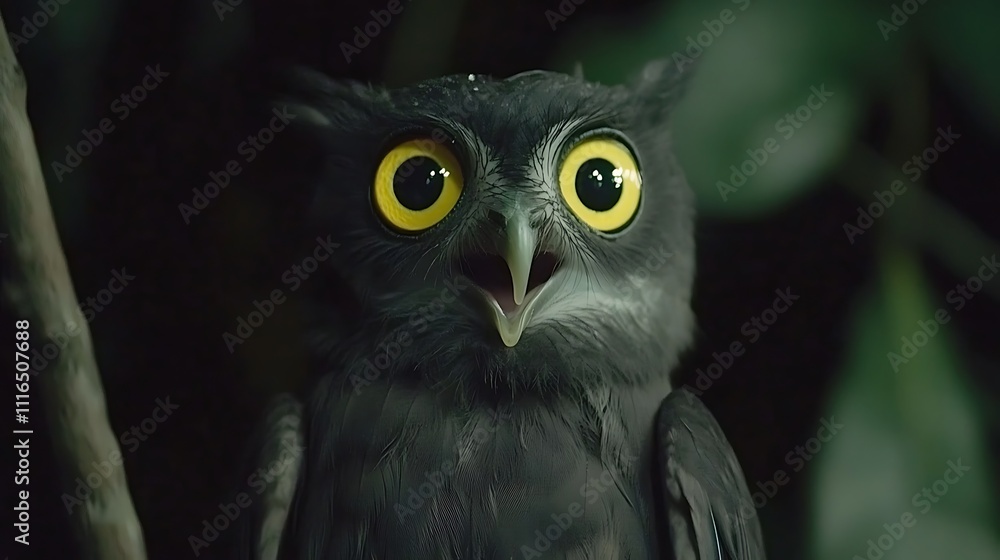 Fototapeta premium Close-up of a Dark Owl with Bright Yellow Eyes and Open Beak