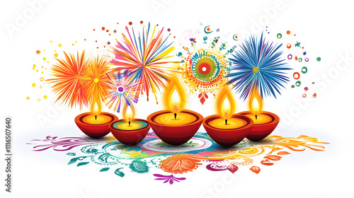 colorful Diwali scene with glowing oil lamps (diyas), rangoli patterns, and fireworks, placed on a pure white background photo