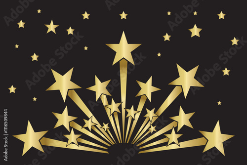 Colorful bright shooting stars icon on black background. Fireworks star icon in golden color. Galaxy element. Flying comet with tail. Star Logo. Vector Illustration.
