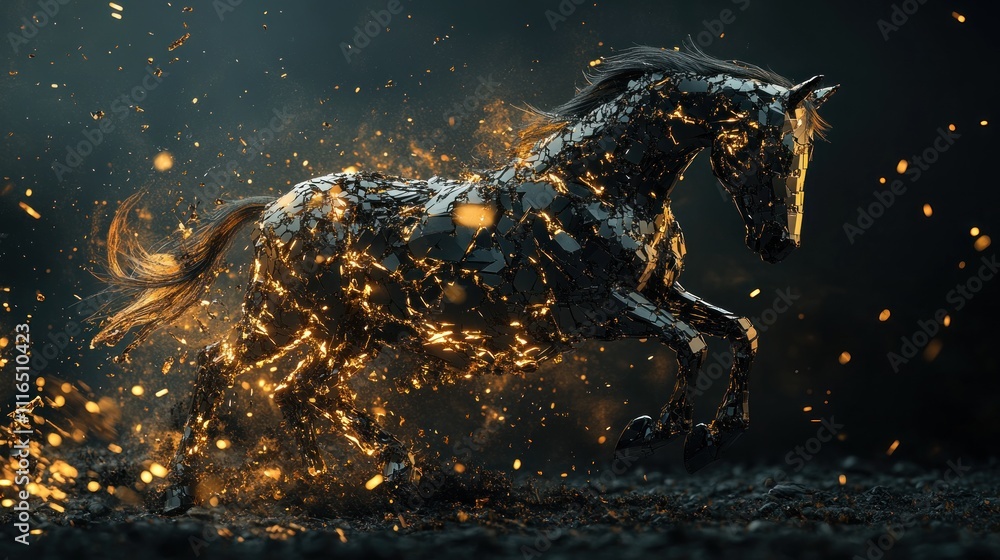 A fragmented black horse gallops amidst fiery embers A fragmented black horse gallops amidst fiery embers