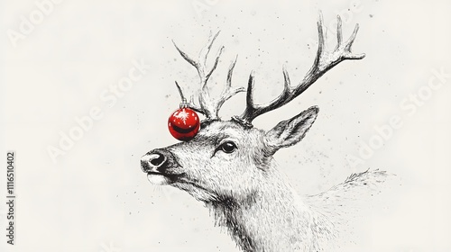 Monochrome deer with red Christmas ornament on its head. photo