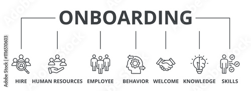 Onboarding banner web icon vector illustration concept for human resources business industry to introduce newly hired employee into an organization with behavior, welcome, knowledge, and skills icon