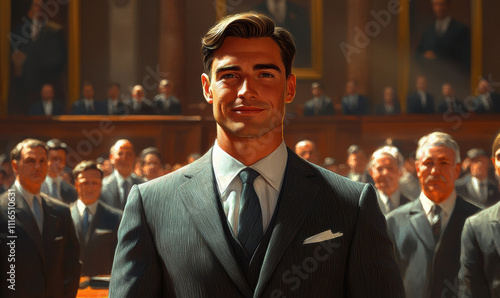 The Power of the People: A charismatic leader stands confidently before a crowd, radiating strength and determination in a captivating scene that evokes a sense of purpose and unity.  