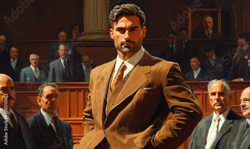 The Defendant: A man in a brown suit stands confidently in a courtroom, the weight of the world seemingly on his shoulders. The jury stares on, their expressions inscrutable.