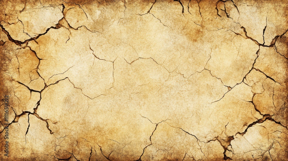 Fototapeta premium Cracked, aged, parchment-like texture with brown and beige tones; distressed, vintage background.