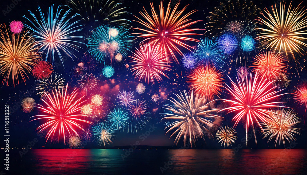 Fototapeta premium Colorful Fireworks Display Over Water At Night