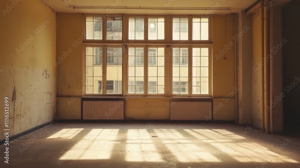Obraz premium Sunlight streams into an empty, dilapidated room with large windows, highlighting the worn walls and floor.