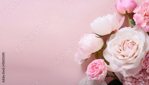 Romantic floral banner with blooming roses and peonies in soft hues for elegant decor. Generative AI