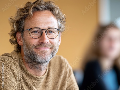 Engaging business meeting with a smiling professional modern office portrait bright environment close-up viewpoint