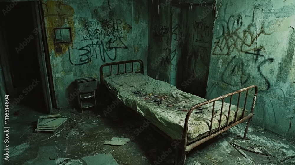 Abandoned room; rusty bed; scattered debris; graffitied walls. Abandoned room; rusty bed; scattered debris; graffitied walls.