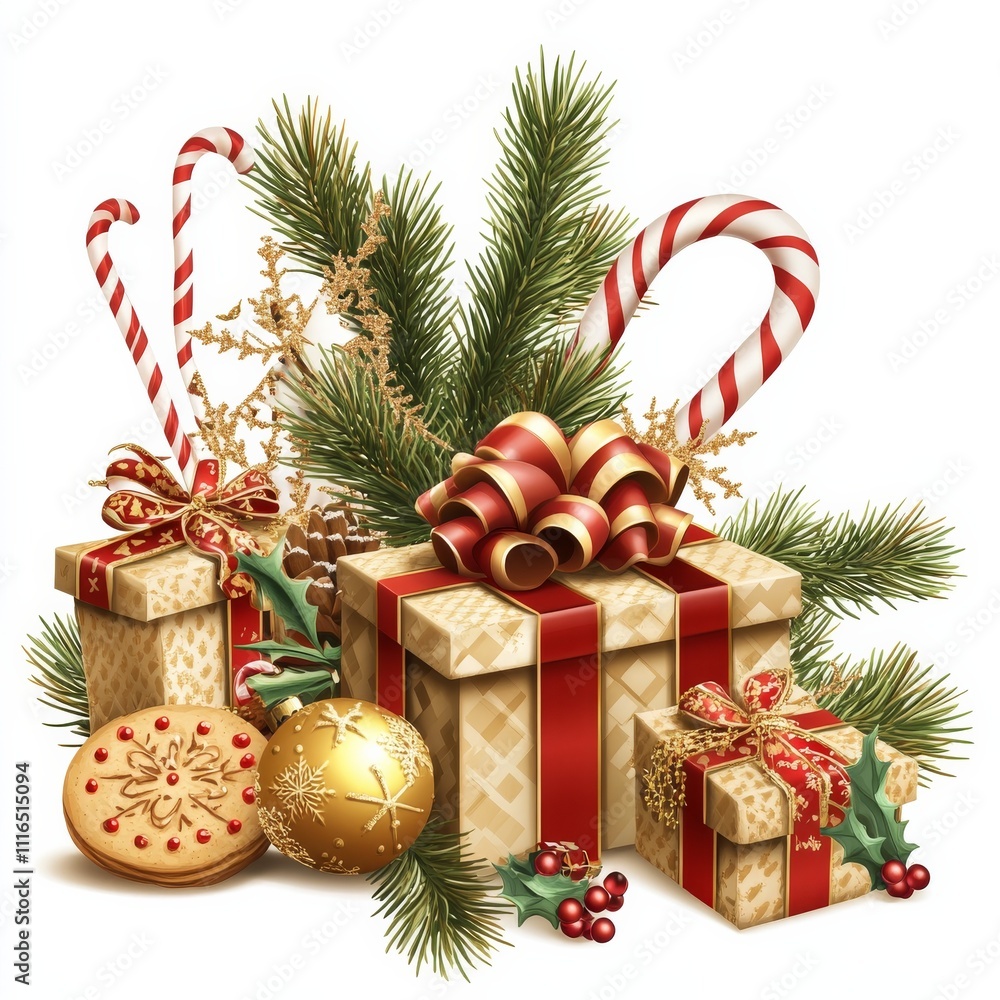 Set of Christmas illustration with glitter gold ball, gingerbread, candy cane, gift box, spruce branch for card, sticker and print Set of Christmas illustration with glitter gold ball, gingerbread, candy cane, gift box, spruce branch for card, sticker and print