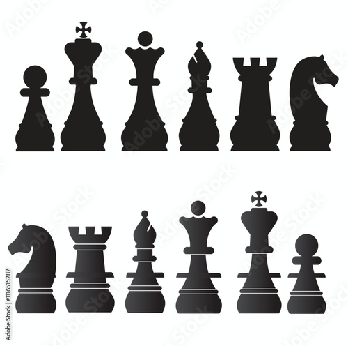 Set of chess vector icons. Black silhouette with chess. King, queen, pawn, horse, and rook. 