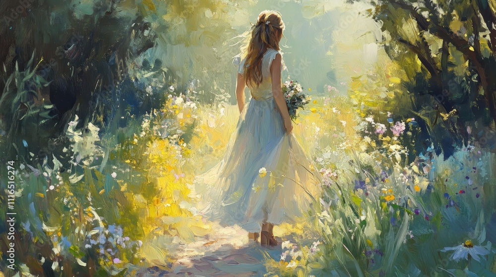 Romantic Bride Walking Through a Sunlit Meadow Romantic Bride Walking Through a Sunlit Meadow