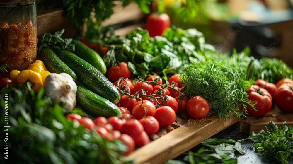 Fresh organic vegetables displayed on rustic wooden market stall Fresh organic vegetables displayed on rustic wooden market stall