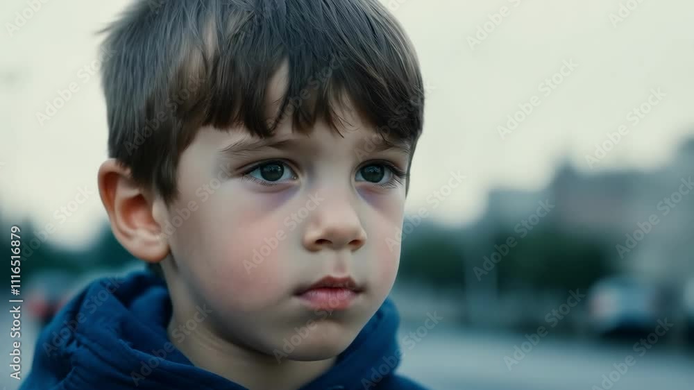 A young boy stands on a deserted street, displaying a look of concern. The soft glow from distant car lights enhances the quiet atmosphere of the early evening. A young boy stands on a deserted street, displaying a look of concern. The soft glow from distant car lights enhances the quiet atmosphere of the early evening.
