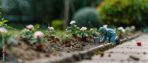 A miniature gardener carefully tends to blossoming flowers along a garden path, surrounded by lush greenery and soft morning light. photo