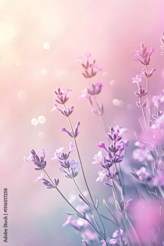Obraz premium A calming, pastel-toned background soft gradients of lavender, blush pink, mint green, subtle botanical textures + watercolor washes, dreamy bokeh effects with ethereal copy space wellness mindfulness