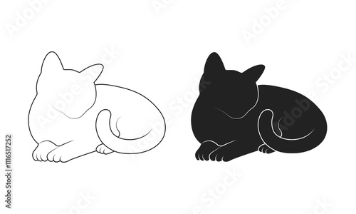 Sitting cat silhouette and line art cat vector illustration on a white background