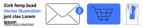 Email notification with number three over envelope, shopping cart on blue background, clothes on a rack. Ideal for e-commerce, digital marketing, online communication, retail, notifications, shopping