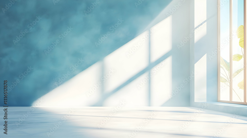 Obraz premium Sunlit empty room with blue wall and large window.