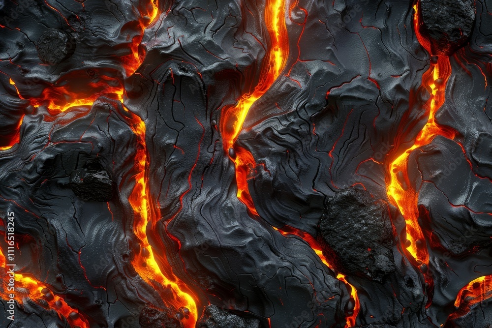 Rivulets of bright orange lava snake through jagged black volcanic rock, creating an intense contrast and displaying the fierce beauty of an active eruption. Rivulets of bright orange lava snake through jagged black volcanic rock, creating an intense contrast and displaying the fierce beauty of an active eruption.