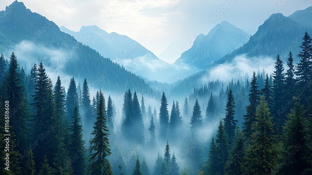 Obraz premium Serene Misty Mountain Forest Landscape Nature Photography