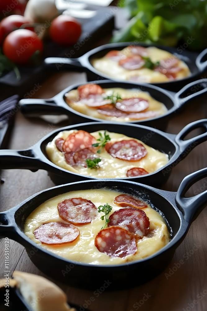Delicious traditional Swiss melted raclette cheese served in individual skillets with salami and bacon Delicious traditional Swiss melted raclette cheese served in individual skillets with salami and bacon