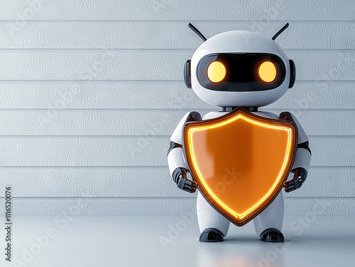 Cute robot holding glowing shield symbolizing protection and security, with minimalist background