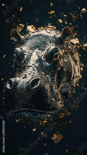 Metallic Hippopotamus Head Fracturing Into Fragments photo