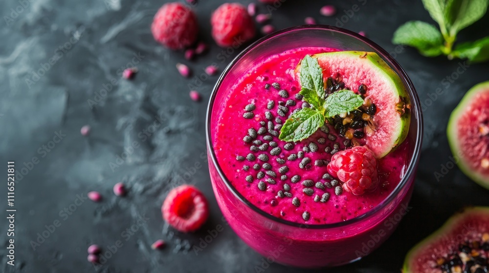 Bright pink smoothie bowl with fresh fruits and seeds Bright pink smoothie bowl with fresh fruits and seeds
