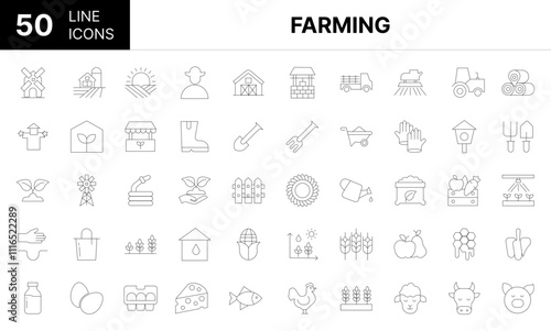 Collection of 50 farming line icons featuring editable strokes. These outline icons depict various modes of farming, tractor, farm, outline, agriculture, farmer, farm 