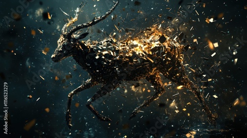 A majestic golden deer in mid stride fragments and sparkles photo