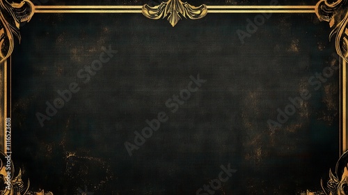 Dark textured background with ornate gold frame.