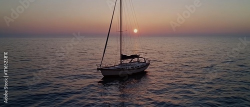 A solitary sailboat glides serenely across calm waters at sunset, creating a picturesque silhouette against a vibrant horizon.