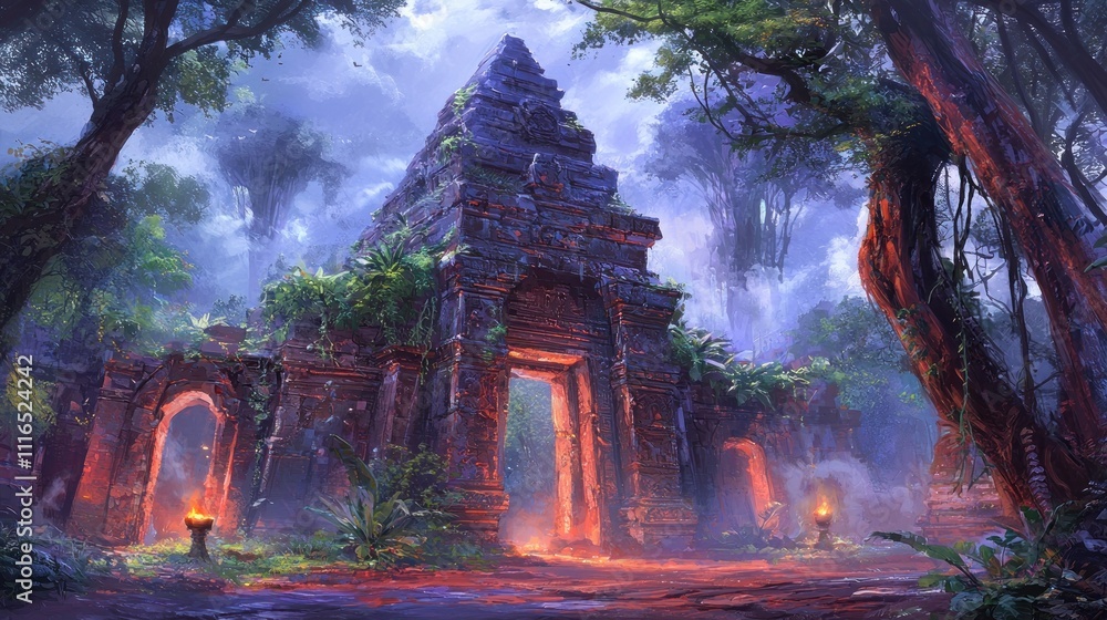 Obraz premium Ancient Jungle Gateway: A Mystical Digital Painting