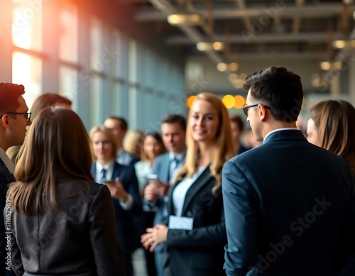 A vibrant networking event with business professionals engaging in conversation, blurred figures creating a sense of motion and activity