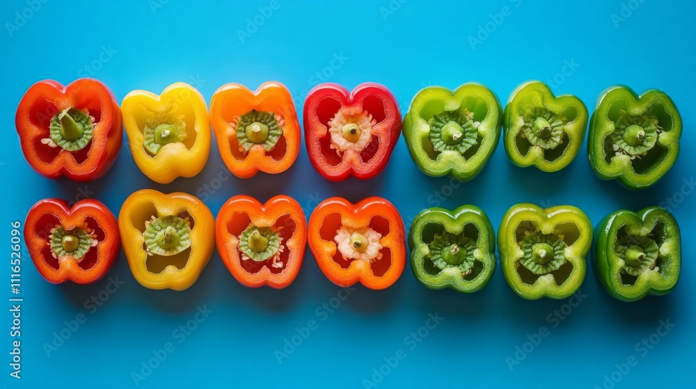 Halved Red, Yellow, and Green Bell Peppers on Blue Background Halved Red, Yellow, and Green Bell Peppers on Blue Background