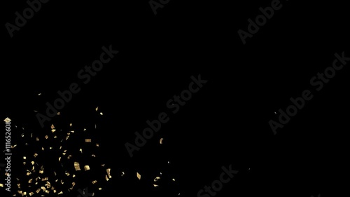 Gold confetti throwing from left to right on a black background