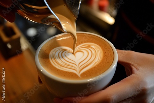 Barista creating heart latte art in coffee cup with skillful pouring technique