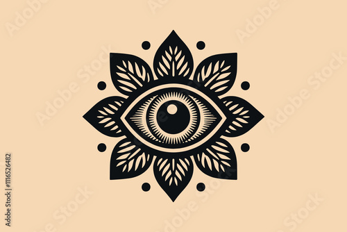 Black-and-white engraved eye with a floral pupil, bold contrast lines