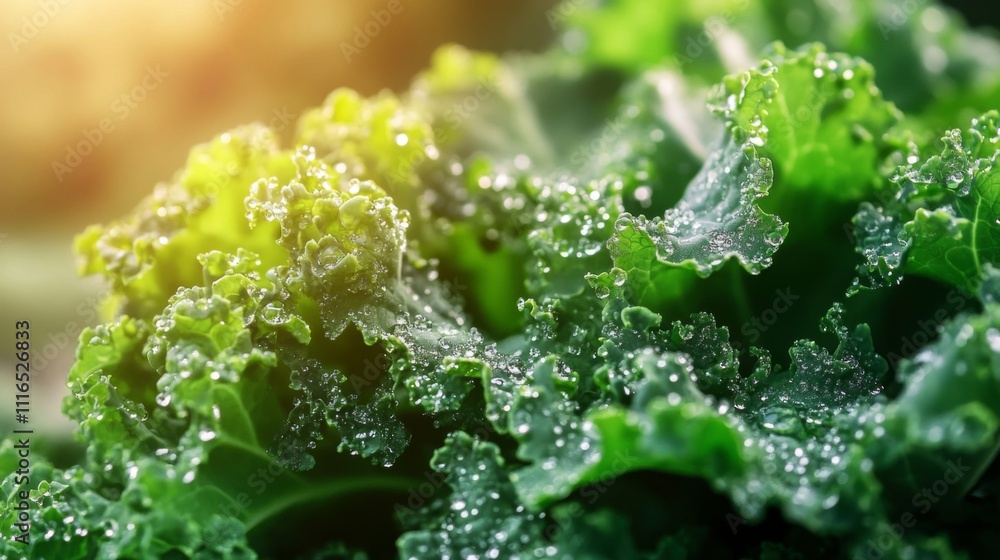Dew-Covered Kale Leaves in Sunlight Dew-Covered Kale Leaves in Sunlight