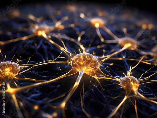 A highly detailed, microscopic view of neurons firing in the brain. The neurons are intricately designed, glowing golden against a dark background with small sparks traveling along their connections