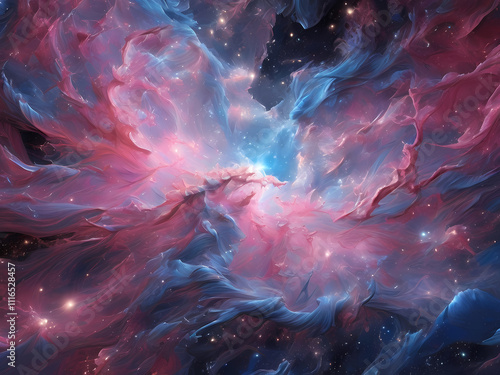 A vibrant, cosmic scene set against a deep, inky blackness of space, where wispy, feathery clouds of light pink mist swirl and dance amidst bursts of electric blue stardust, each fleck shimmering