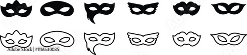 Different Mask silhouette isolated on transparent background Masquerade vector for apps or web party superhero carnival villain or burglar icon in flat, line set. costume eye mask hidden person face