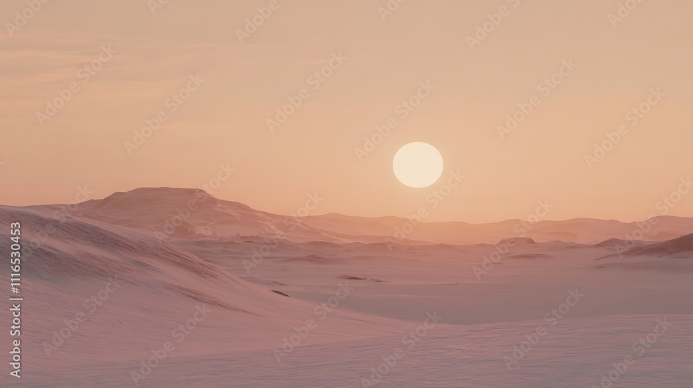 Fototapeta premium A large sun sets behind a barren, snow-covered landscape.