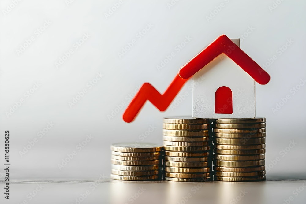House model on stacked coins with upward trend symbolizing real estate investment growth House model on stacked coins with upward trend symbolizing real estate investment growth