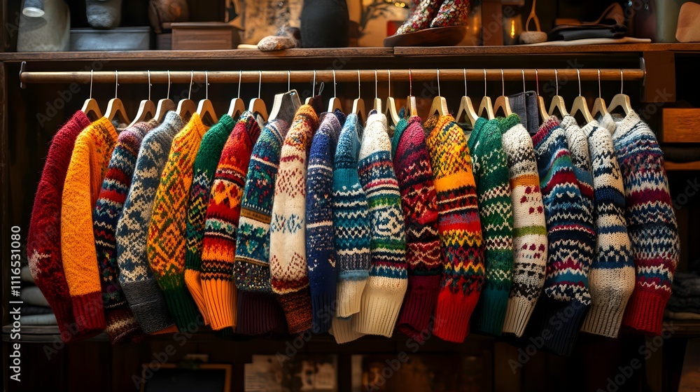 Fototapeta premium Colorful knitted sweaters displayed on wooden rack in cozy shop during winter season