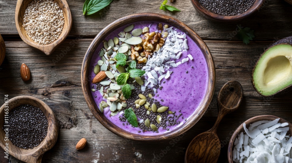 Purple Smoothie Bowl Topped with Coconut, Nuts, and Seeds Purple Smoothie Bowl Topped with Coconut, Nuts, and Seeds