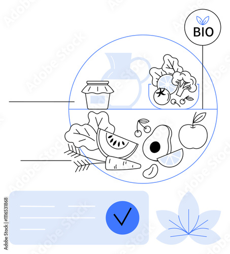 Fruits, vegetables, yogurt, jar, and drink with a BIO label. Ideal for nutrition, health, organic food promotion diet planning recipe books educational materials. Line metaphor